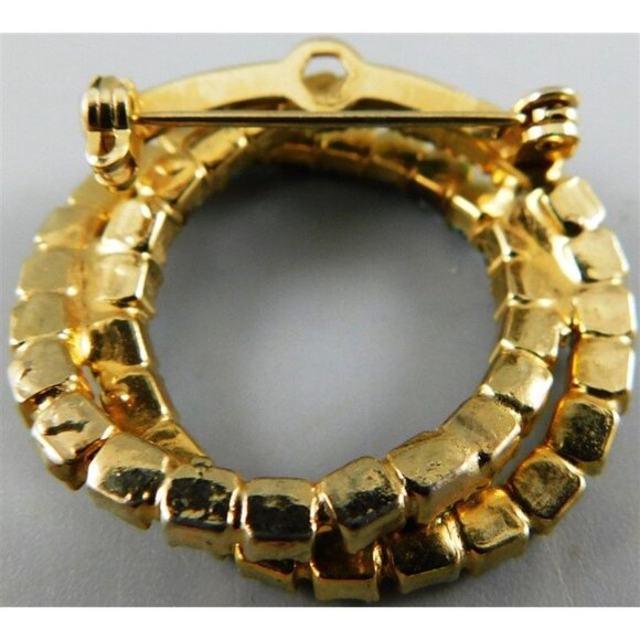 7/773 Vintage Double Ring Green / Blue Rhinestone Brooch Gold Tone 1.5 inches - Picture 2 of 3